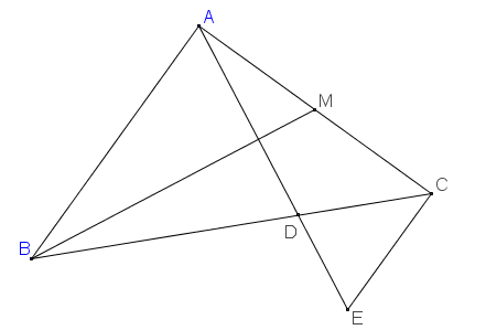 Cho tam giác ABC vuông cân tại A, trung tuyến BM. Trên cạnh BC lấy D sao cho BD=2DC . Chứng minh BM vuông góc với AD.png